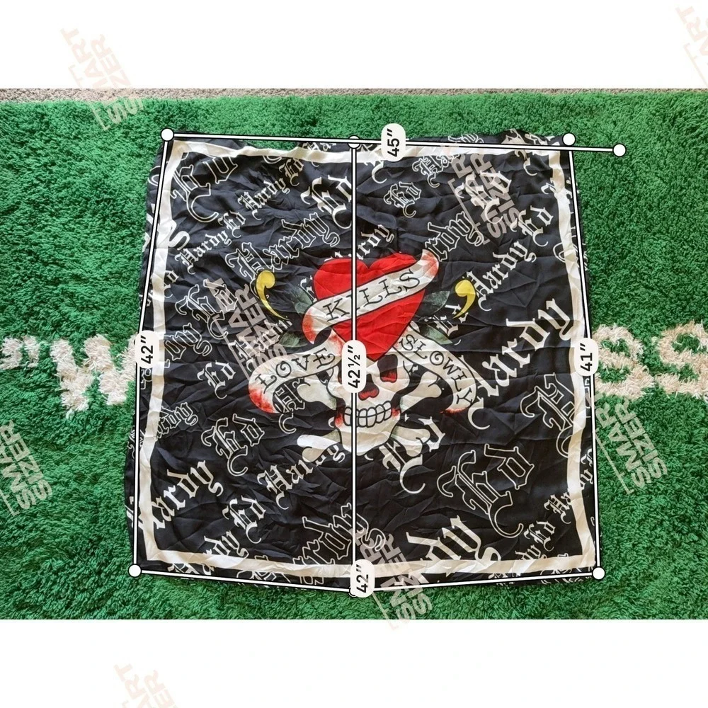 Ed Hardy Love Kills Slowly Skull Tattoo Print Square Scarf Black White Oversized